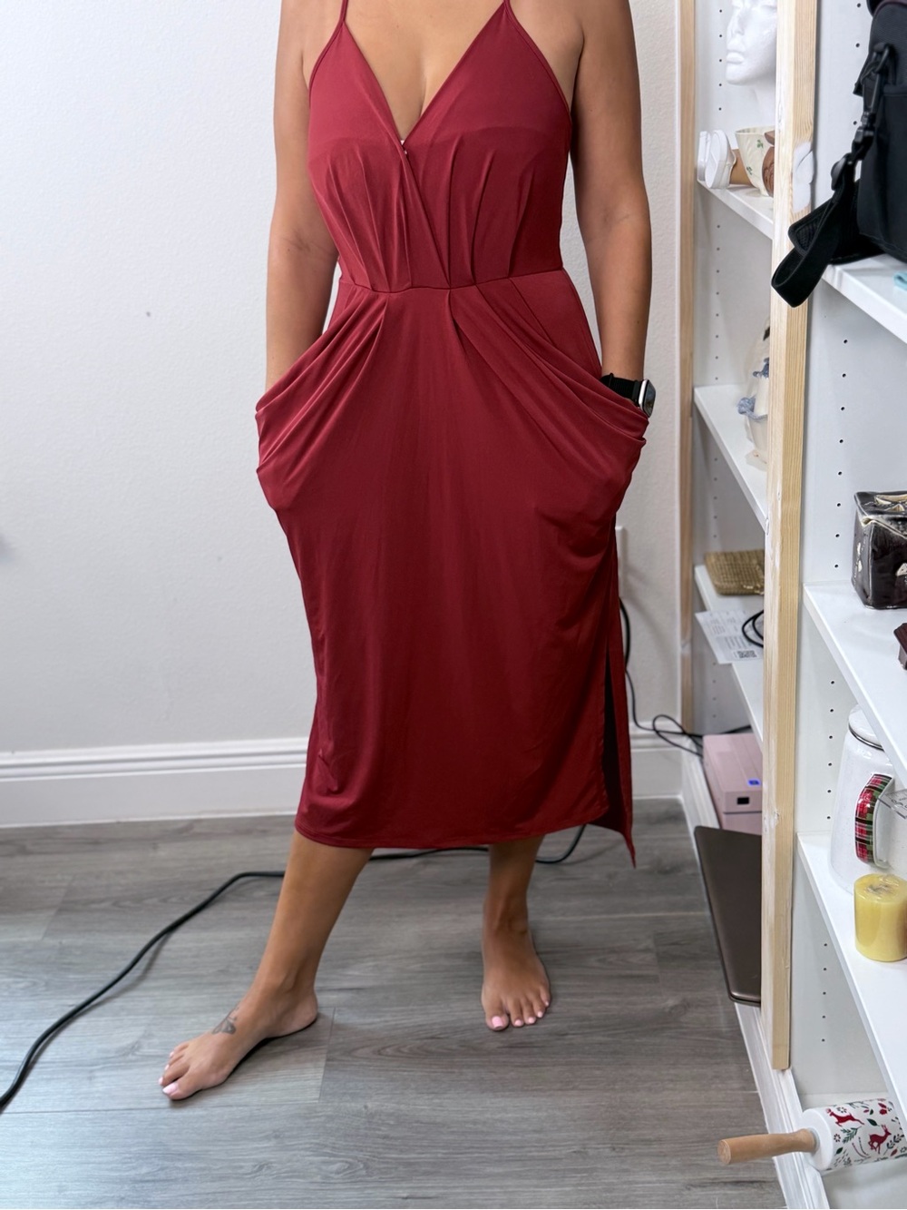 BCBGeneration Burgundy Midi Cocktail Dress M Pockets Racerback